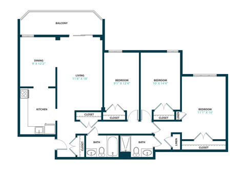 Floor plan for 3 beds, 2 baths, 1131 sqft